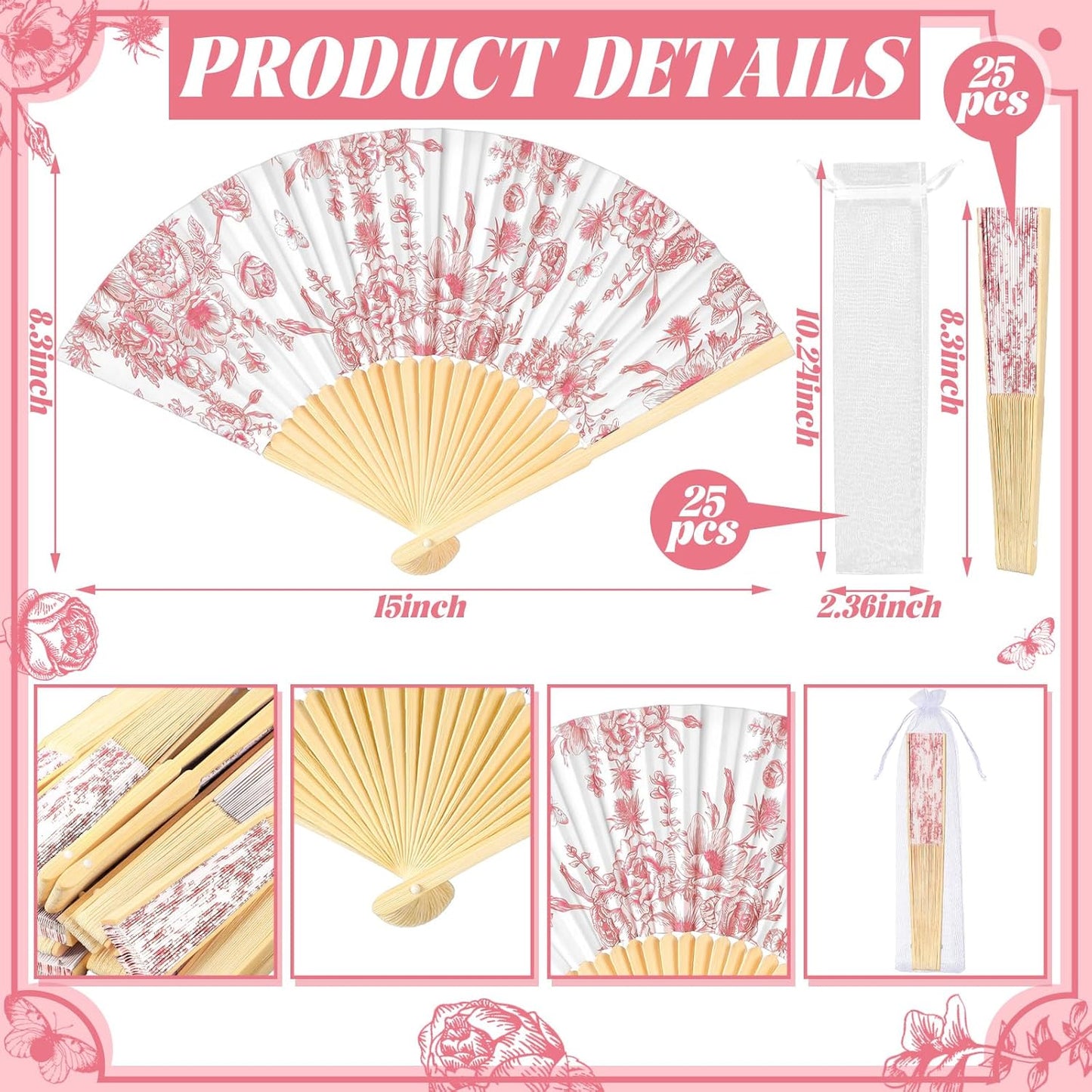Vercraft 25 Sets Pink Flower Hand Folding Fans with Organza Bags Bulk, Guests Pink Floral Paper Fans Wedding Favors Decorations for Bridal Shower Garden Wedding Bridesmaid Party Gift