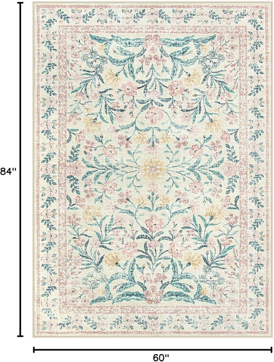 Morebes Floral Pink Rugs for Bedroom Girls, Washable 5x7 Area Rug for Nursery Decor, Indoor Soft Low-Pile Floor Boho Flower Carpet for Kids Playroom Dorm Living Room Dining Room