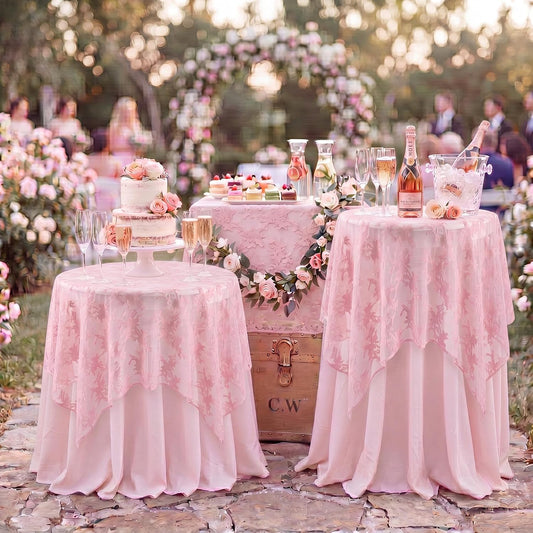 Newwiee 6 Pcs Pink Lace Table Runner 32 x 43 Inch Embroidered Floral Cloths Vintage Romantic Tablecloth for Round Table Wedding Bridal Shower Birthday Party Decorations