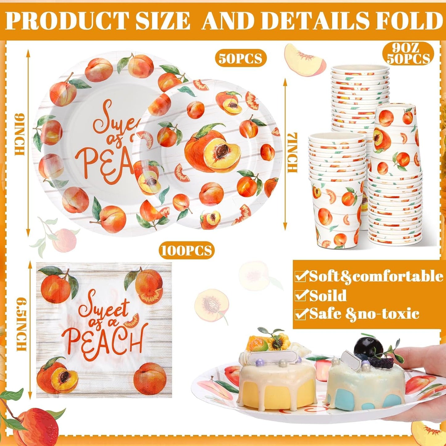 Domensi 250 Pcs Sweet As A Peach Baby Shower Party Decorations for Girls Disposable Paper Plates Napkins Cups Tableware Set for 50 Guests Peach Bride Shower Supplies for Weeding Birthday Party