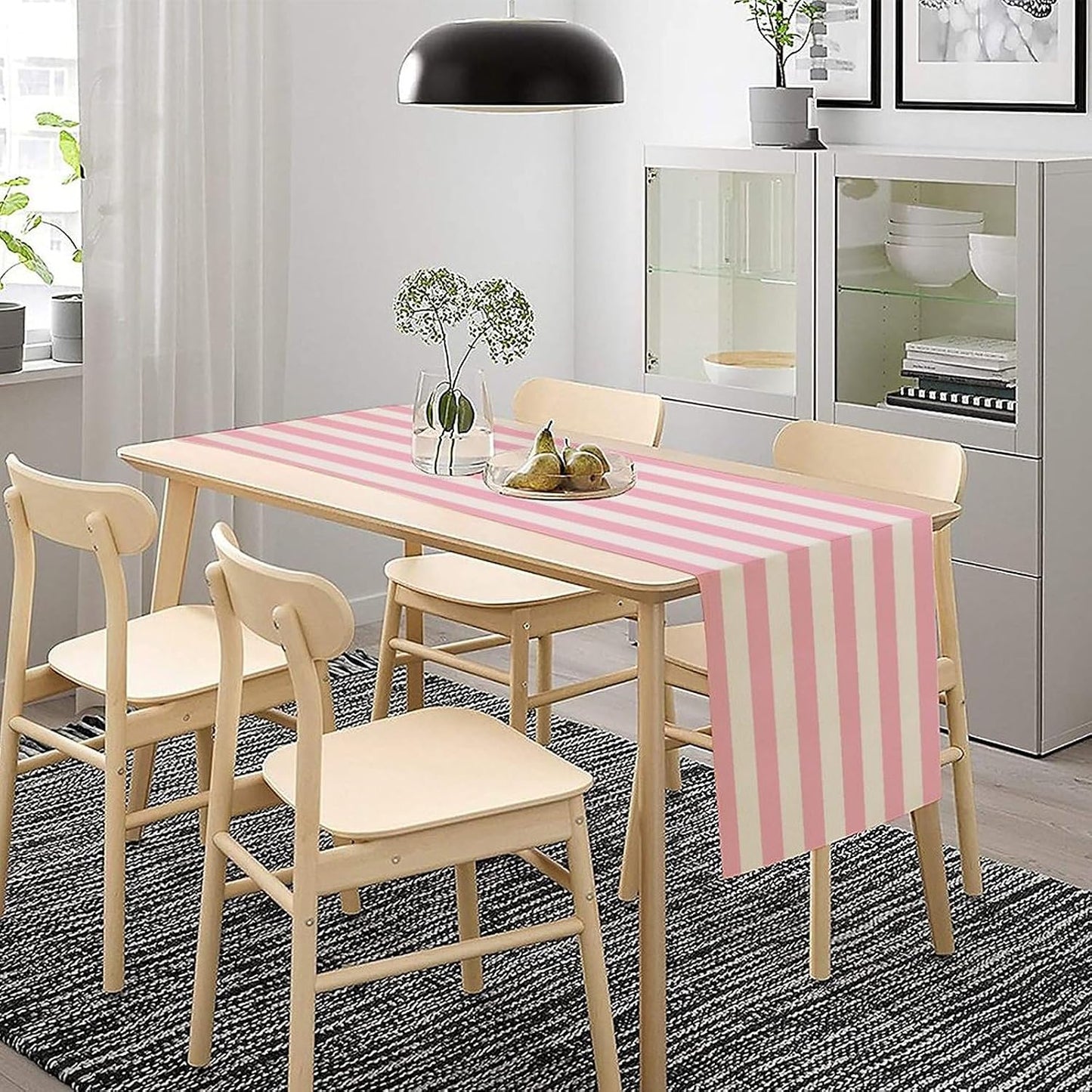 Stripe Table Runner Vertical Pink White Stripe Pattern for Indoor Outdoor Party Dinner Festival Farmhouse Holiday Dining Room Home Kitchen Restaurant, 13x36in