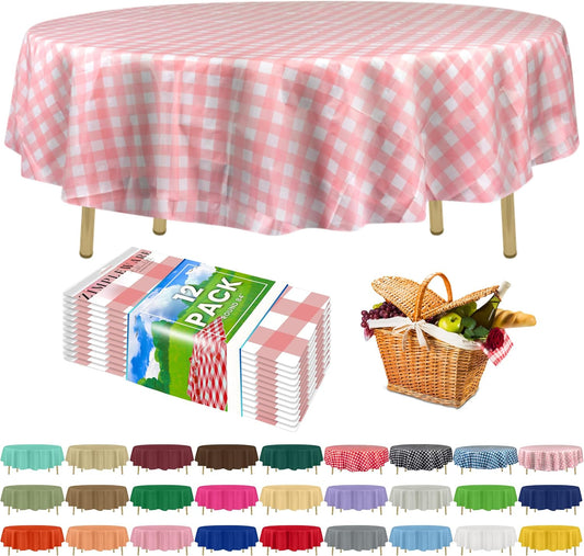 ZIMPLEWARE Premium Pink Gingham Checkered Plastic Table Cloth Disposable (12 Pack) Round Tablecloth (84in) Party Table Cloths Disposable, Perfect Table Cloth Round Cover for Any Table Up to 6 Feet