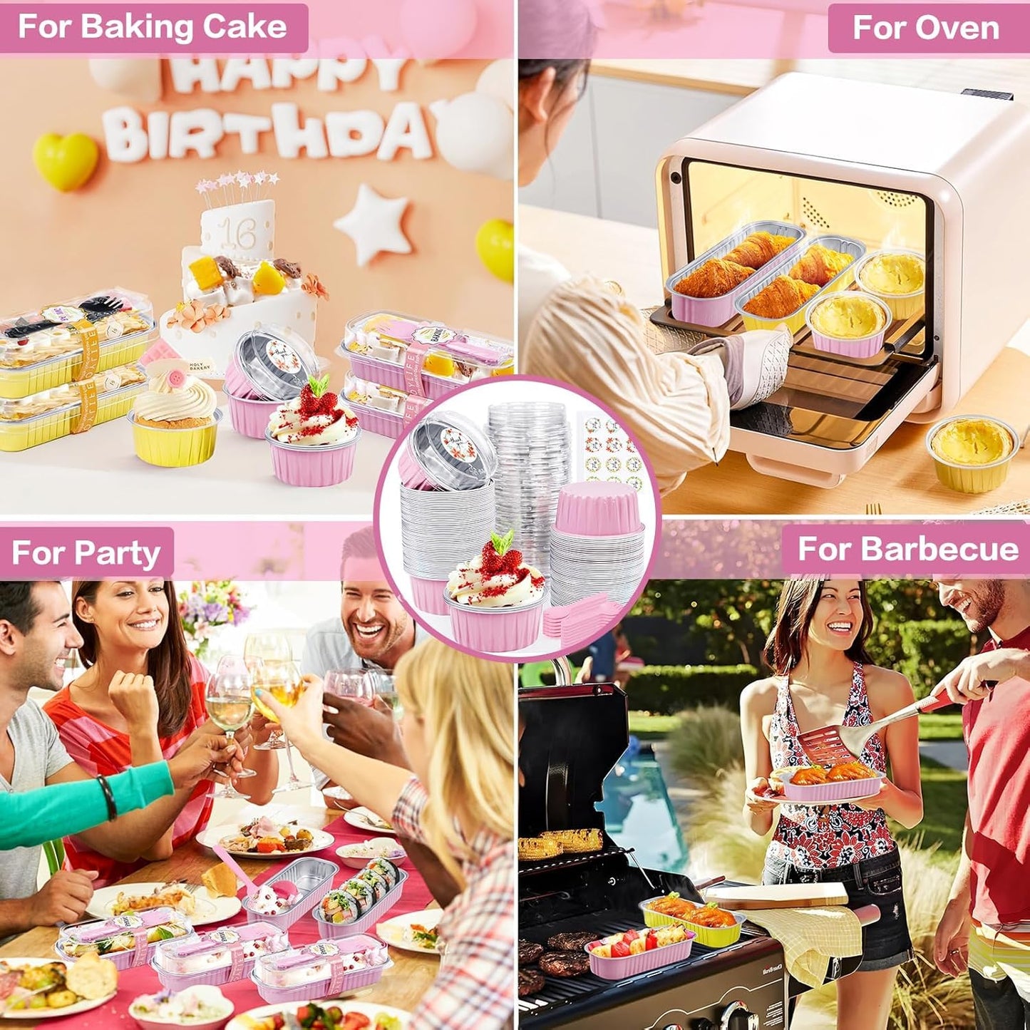 30Pcs Mini Cake Pans with Lids Aluminum Foil, ZOXILEN 5oz Disposable Mini Loaf pans with Lids and Spoons, Small Baking Cups Pie Tins Muffin Pan Cheesecake Containers for Party Pink Round