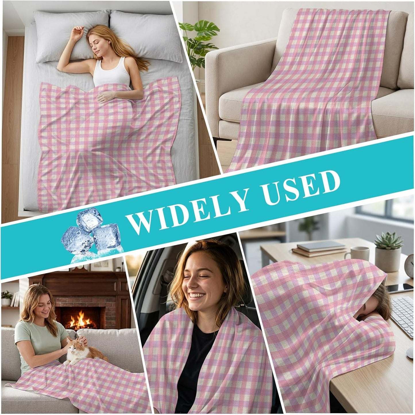 Cooling Blanket 50"x60", Pink Gingham on Linen Summer Cooling Blanket Breathable Lightweight Ice Blankets Modern Plaid Lattice Blankets for Night Sweats