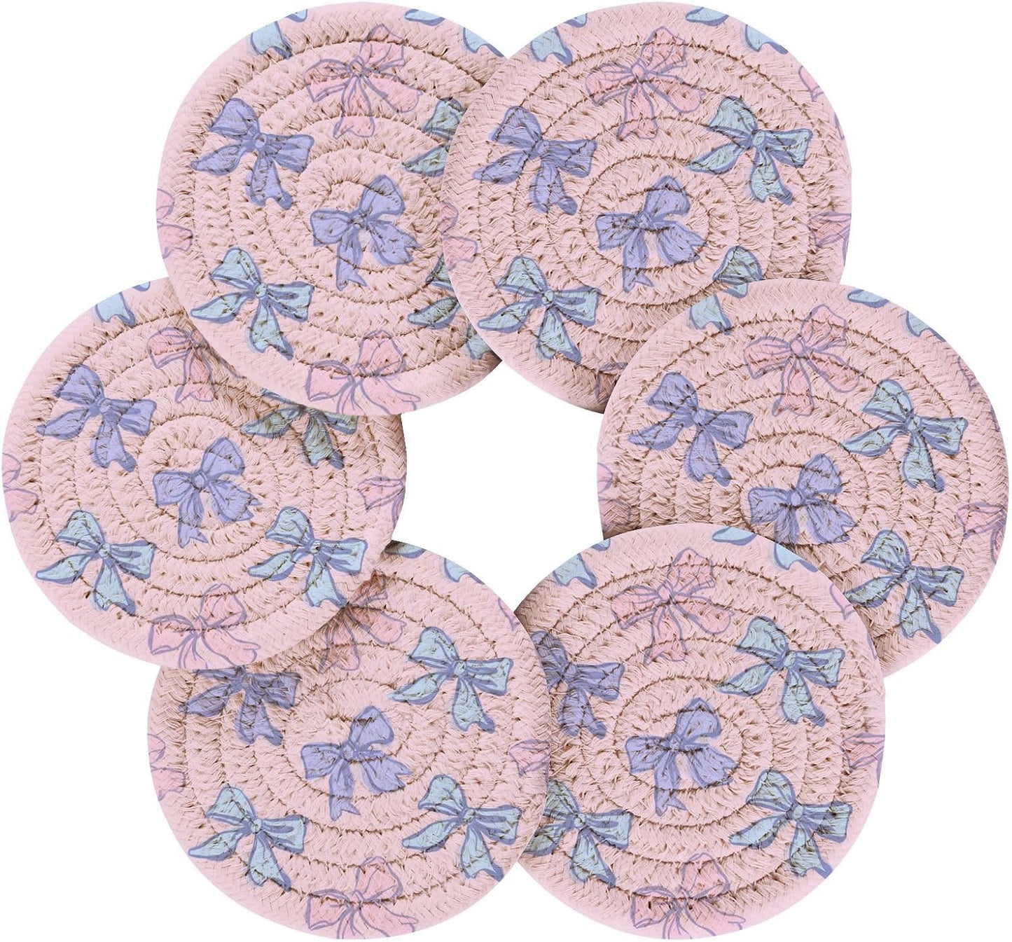 Bar Coasters for Drink with Holder Bows Light Pink Blue Coaster Set of 6 Cotton Woven Coaster for Coffee Table, Bistro Tabletop,Kitchen Home Decor