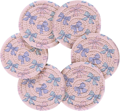 Bar Coasters for Drink with Holder Bows Light Pink Blue Coaster Set of 6 Cotton Woven Coaster for Coffee Table, Bistro Tabletop,Kitchen Home Decor
