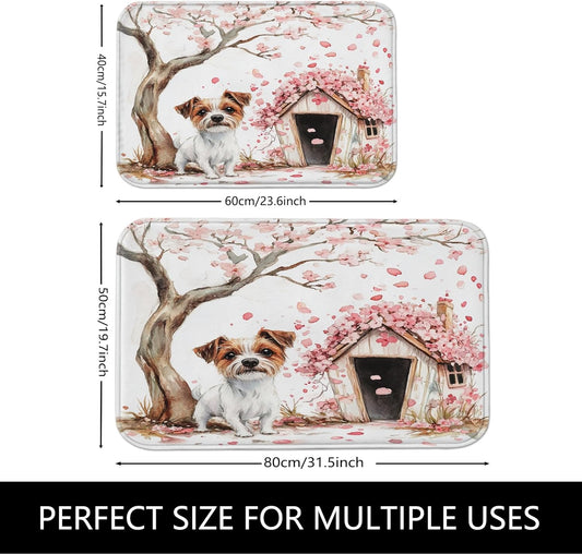 Vintage Floral Quick Dry Bath Mat, Peach Dog and Cherries Blossom Absorbent Non Slip Shower Mat, Spring Decorative Washable Bath Rugs for Bathroom Toilet Restroom 16x24 Inch