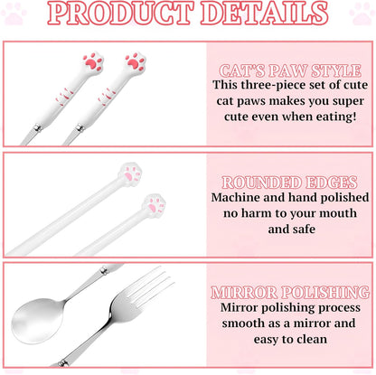 Cat Paw Chopsticks,1 Set of 3 Tableware Kits,Cat Chopsticks,Spoon,Fork,Cute Pink Paw Prints Reusable Lightweight Non-Slip Grip Eating Chopstick,Pet Themed Cat Fun Idea Gifts for Girlfriends Cat Lovers