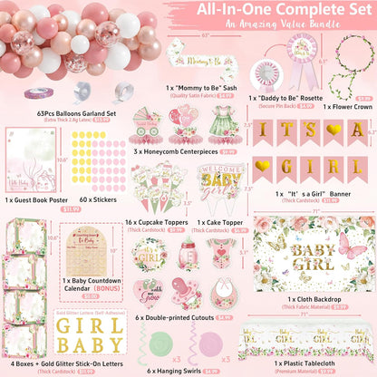 Baby Shower Decorations for Girl Baby Girl Pink Rose Gold Baby Shower Decoration Kit Floral Gender Reveal Party Supplies with It's a Girl Banner Backdrop Balloon Arch Tablecloth Baby Box with Letter