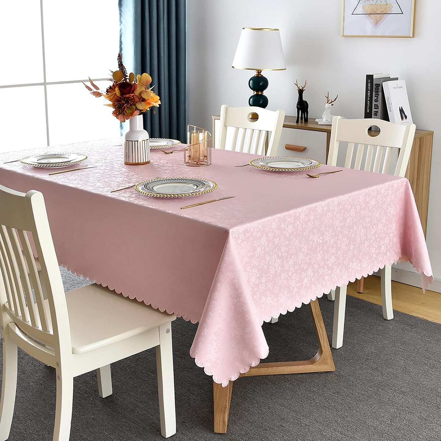 Romanstile Rectangle Vinyl Tablecloth,100% Waterproof Heavy Duty Oil Spill Proof Stain Resistant Plastic PU Table Cover with Flannel Backing for Kitchen, Dining (Rose Pink, 60 x 84)