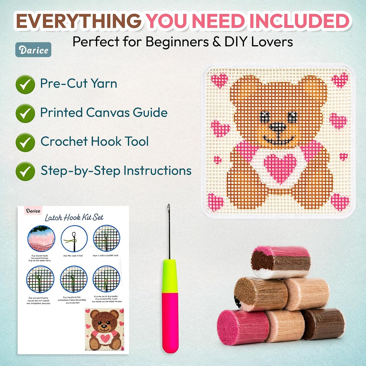 Darice Latch Hook Rug Kit, Pink Bear Design DIY Latch Hook Kit for Kids & Adults, Color Canvas, PreCut Yarn & Hook Tool, Craft Activity & Gift for Kids