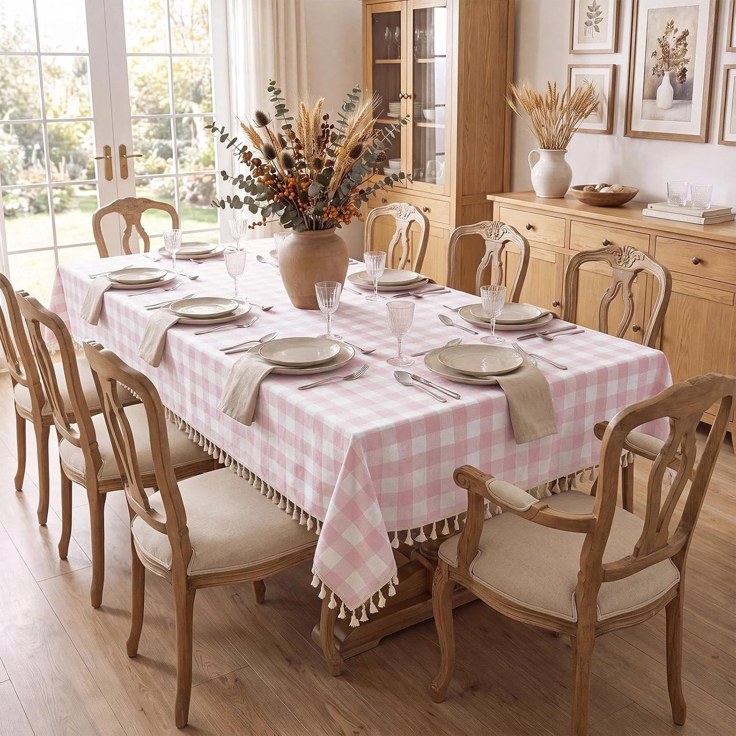 Romanstile Pink Gingham Tablecloth Rectangle, Outdoor Waterproof Linen Cotton Checkered Table Cloth with Tassel, Heavy Duty Wrinkle Free Buffalo Plaid Table Cover for Picnic Camping - 55 x 84 Inch