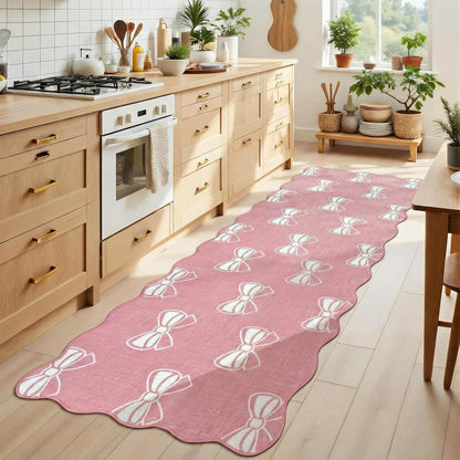 Pink Bow 2x6 Runner Rug for Hallway Entryway, Washable Cute Scalloped Bedside Rug for Living Room, Soft Low Pile Bowknet Rugs for Girls Bedroom Decor, Non Slip Carpet for Dorm Playroom Kitchen