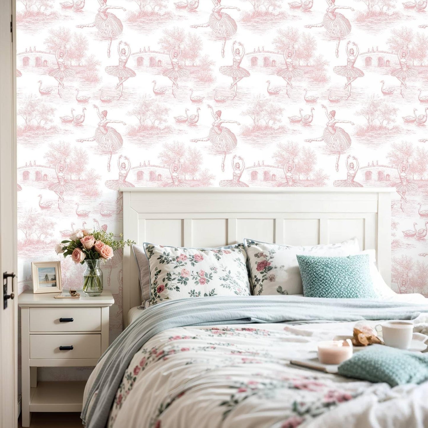 Peel and Stick Wallpaper Self Adhesive Wall Mural Pink Toile Ballerina Swan Contact Paper Renter Friendly Wallpaper for Kitchen Nursery Bedroom 17.7"x118"