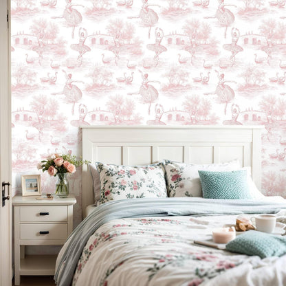 Peel and Stick Wallpaper Self Adhesive Wall Mural Pink Toile Ballerina Swan Contact Paper Renter Friendly Wallpaper for Kitchen Nursery Bedroom 17.7"x118"