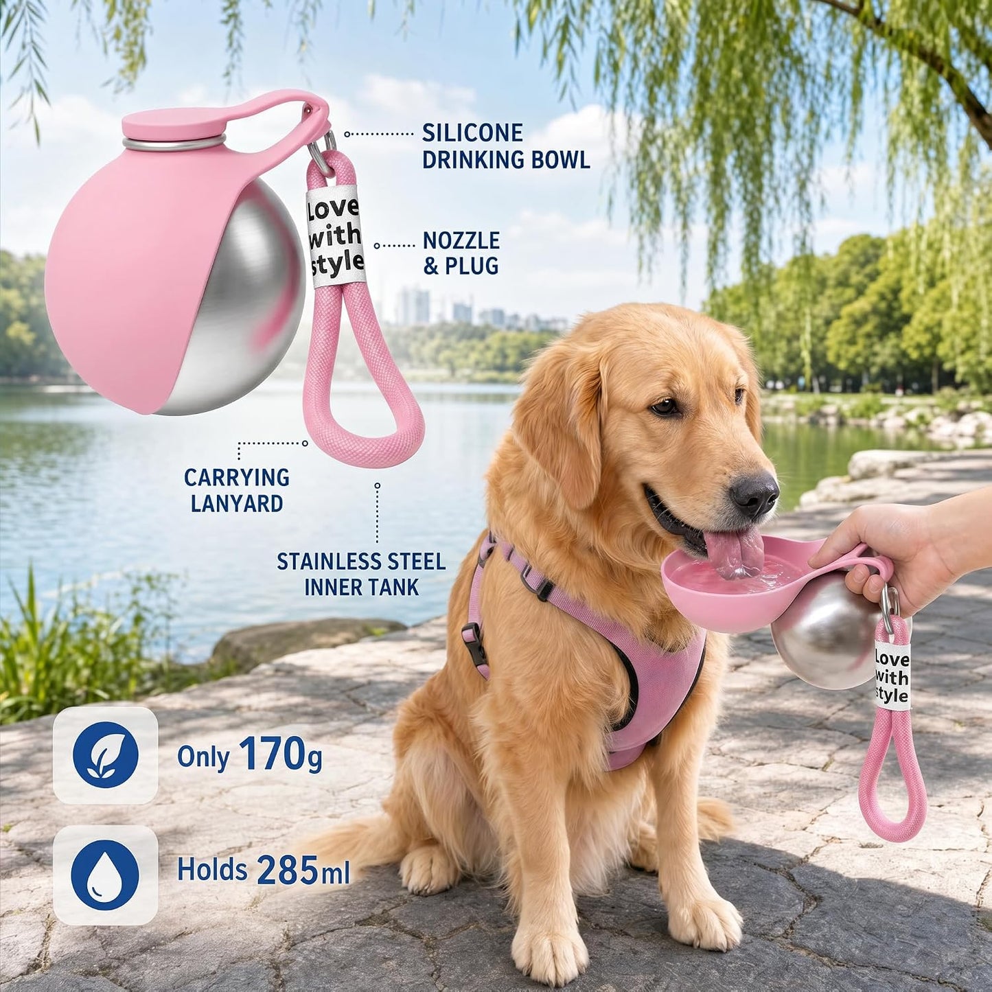 2 in 1 Portable Dog Water Bottle, 2026 New 10oz Spherical Stainless Steel Pet Bottle with Silicone Foldable Bowl,No-Spill Leak-Proof Design,Dog Water Bottle for Walking,Hiking & Travel & Camping-Pink