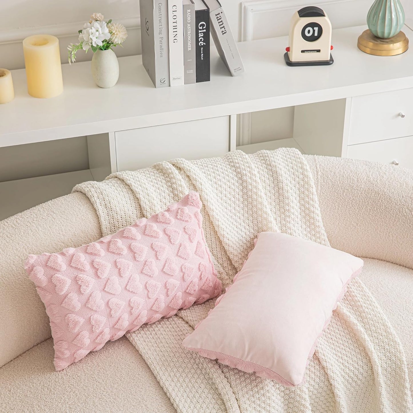 AQOTHES Set of 2 Heart Love Cute Pink Decorative Valentines Throw Pillow Covers 12x20, Soft Plush Faux Fur Pillow Covers for Couch Sofa Home Valentines Day Decoration