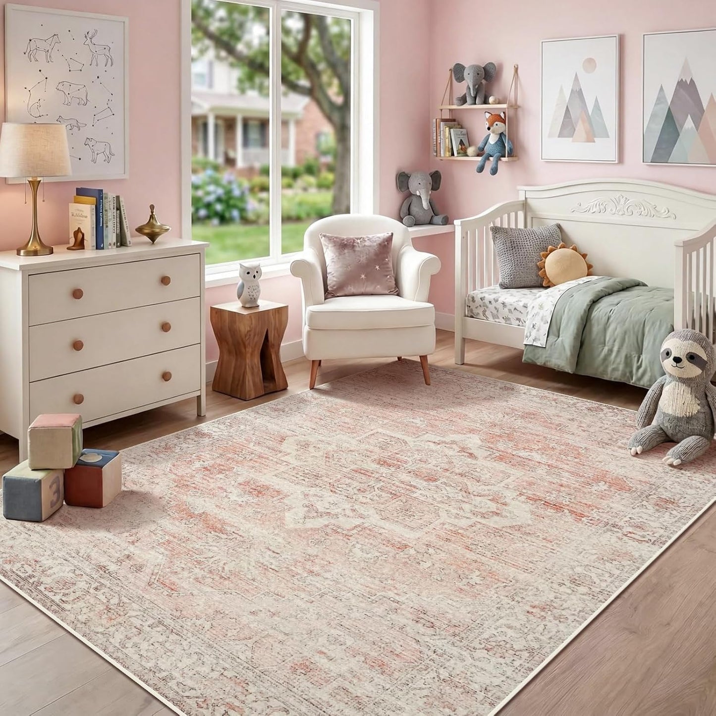 Pink Rug 5x7 for Living Room - Machine Washable Stain Resistant Area Rug for Girls Bedroom Dinning Room - Soft Faux Wool Non Slip Low Pile Carpet for Kids Nursery Room Home Office