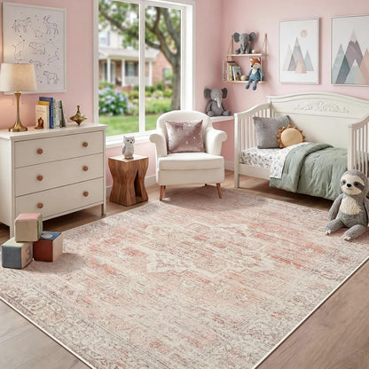 Pink Rug 5x7 for Living Room - Machine Washable Stain Resistant Area Rug for Girls Bedroom Dinning Room - Soft Faux Wool Non Slip Low Pile Carpet for Kids Nursery Room Home Office