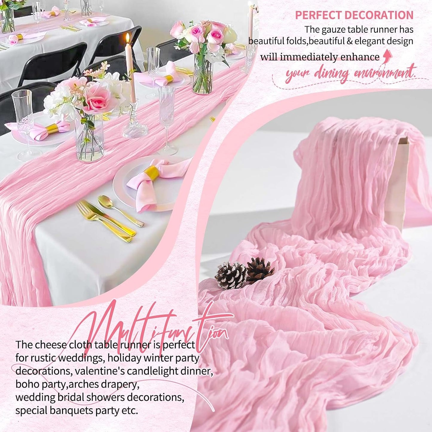 Showgeous Cheesecloth Table Runner 10FT Light Pink Table Runner Boho Gauze Cheese Cloth Table Runners Long Rustic Sheer Table Decorations for Wedding Party Baby Bridal Shower Birthday Holiday Home