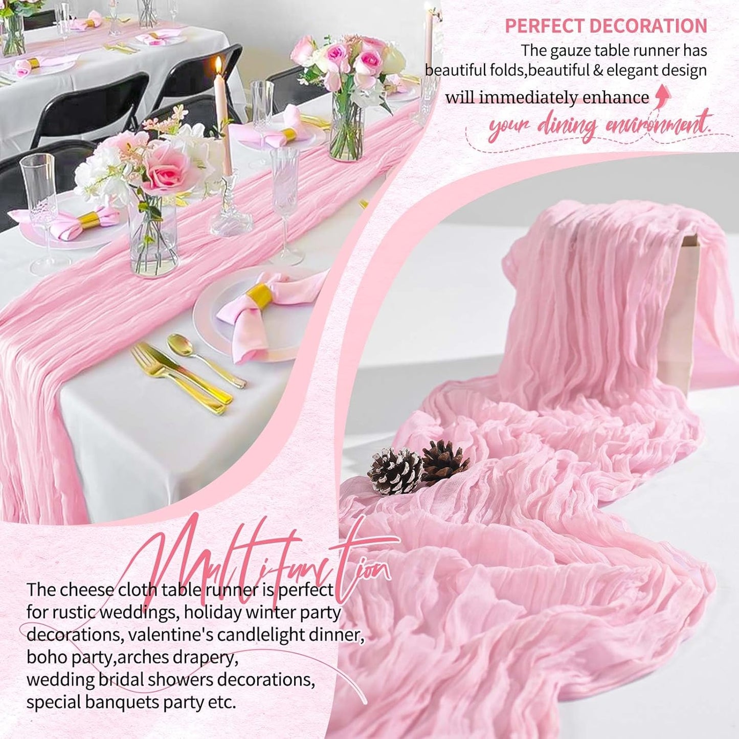 30 Pack Cheesecloth Table Runner 10FT Light Pink Table Runner Boho Gauze Cheese Cloth Table Runners Long Rustic Sheer Table Decorations for Wedding Party Baby Bridal Shower Birthday Holiday Home