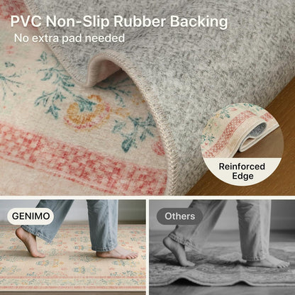 GENIMO 5x7 Vintage Floral Area Rug, Soft Microfiber Washable Rug with Non-Slip Backing, Pink Carpet for Living Room, Bedroom and Dining Room