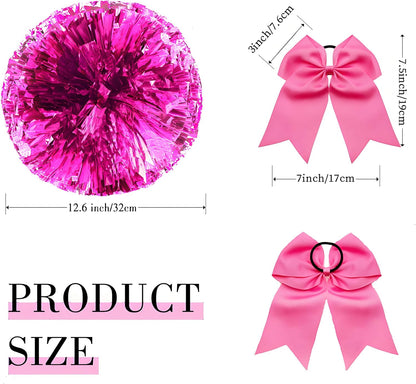 ZYBenda 3 Pack Pom Poms and Large Cheerleader Hair Bow, Cheer Pom Poms Cheerleading Pom Poms for Kids Adults Dance Sports Cheering Accessories (Pink)