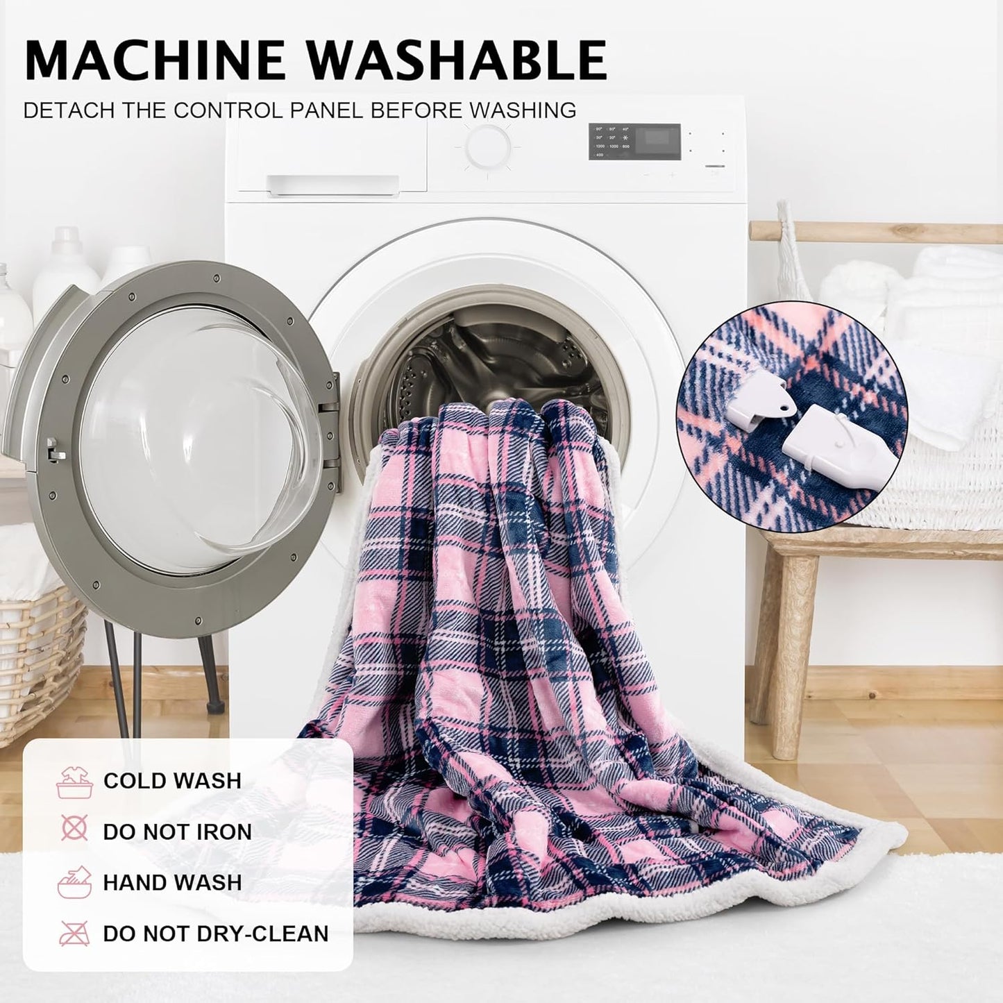 Electric Heated Blanket Wearable Throw with Foot Pocket & Front Pouch – 6 Heat Settings, 4H Auto-Off, Reversible Flannel & Sherpa, Oversized 52"x72" Heated Blanket for Bed or Couch, Pink Plaid