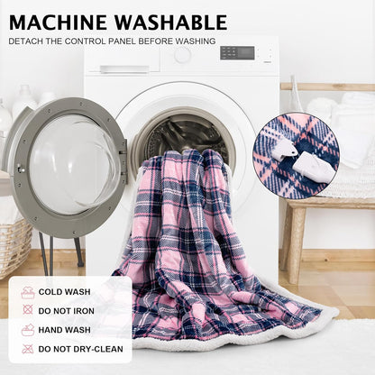Electric Heated Blanket Wearable Throw with Foot Pocket & Front Pouch – 6 Heat Settings, 4H Auto-Off, Reversible Flannel & Sherpa, Oversized 52"x72" Heated Blanket for Bed or Couch, Pink Plaid