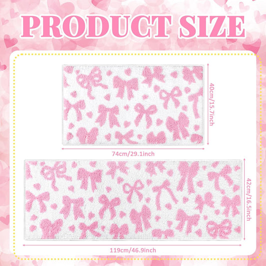 Duraaamo 2 Pcs Pink Bow Bathroom Rugs Non Slip Coquette Bow Bath Mat Aesthetic Decor Soft and Absorbent Microfiber Bath Rugs for Shower Floor Bathroom Decor Runner