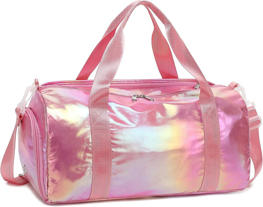 Gym Bag Sports Duffle Bag with Wet Pocket Weekender Overnight Bag with Waterproof Shoe Pouch and Air Hole for Girls Kids Women Travel Foldable Bag