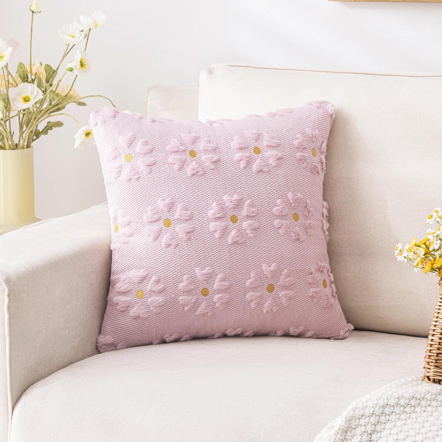 AQOTHES Spring Summer Pink Throw Pillow Covers 18x18 inch Set of 2 Flower Floral Faux Fur Cute Throw Pillows for Sofa Couch Living Room Decor