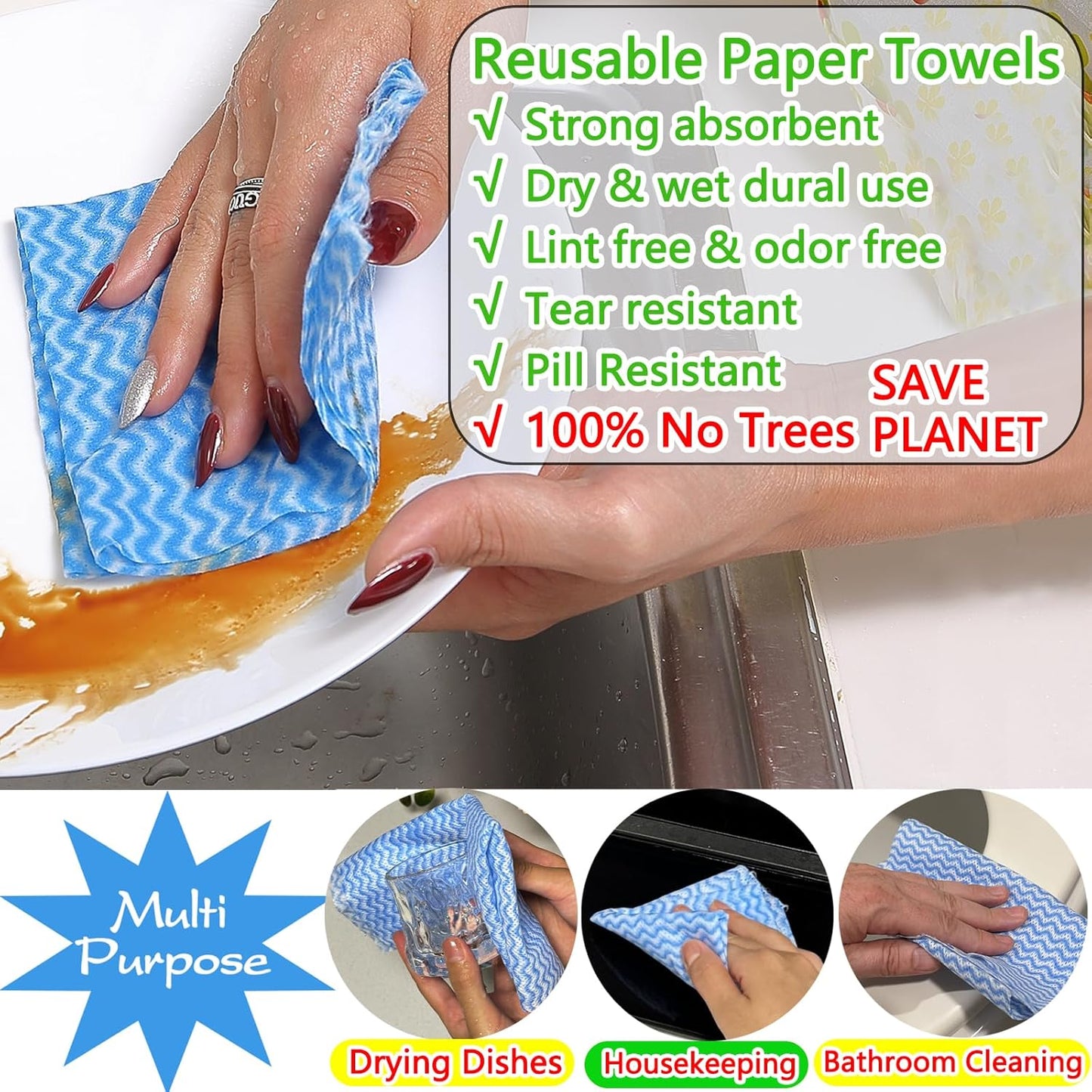 Reusable Paper Towels Washable, 60 Cts Disposable Cleaning Dish Cloths, Multi-Purpose Kitchen Wipes Roll, Pink