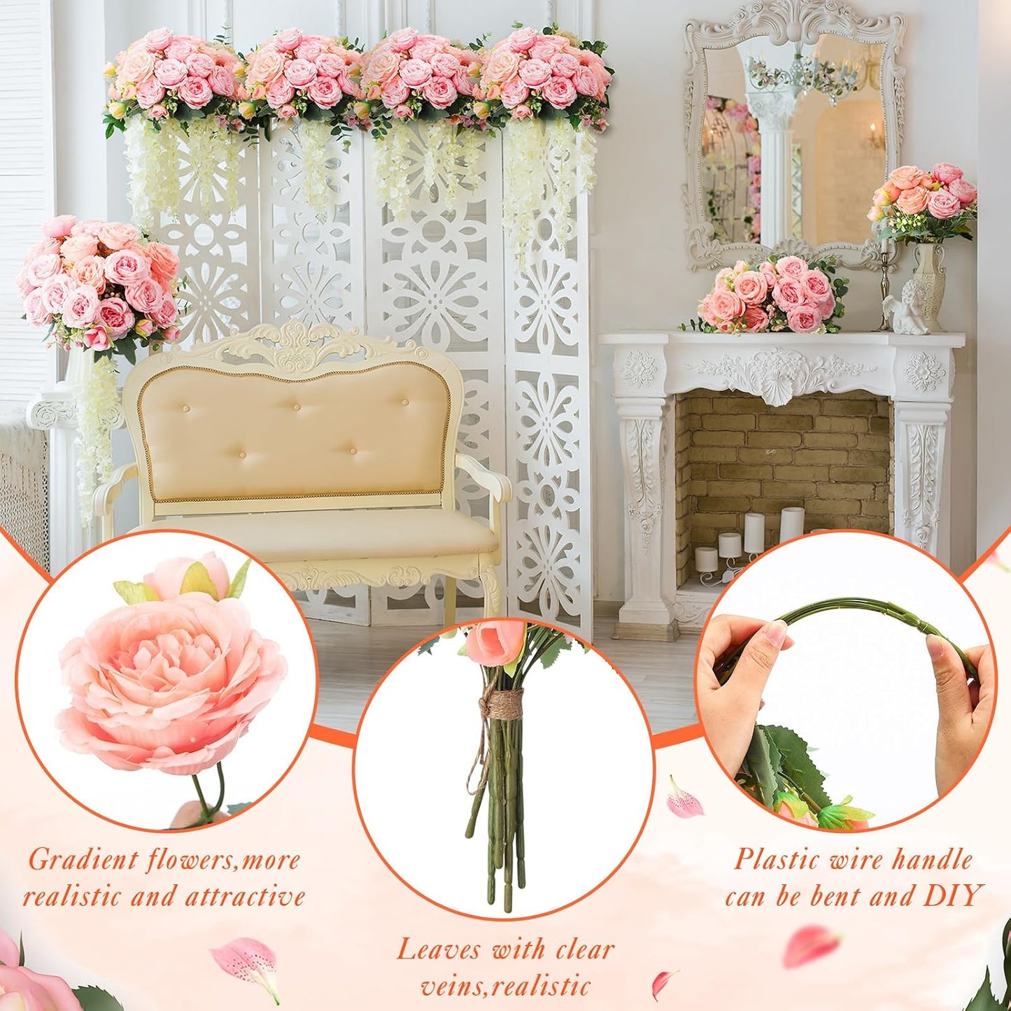 Geosar 8 Bundles Artificial Peonies Flowers Fake Silk Peony Bouquet Faux Peonies Flowers Bulk for Decoration Vase Floral Arrangements Wedding Party Table (Peach Pink,Light Pink)