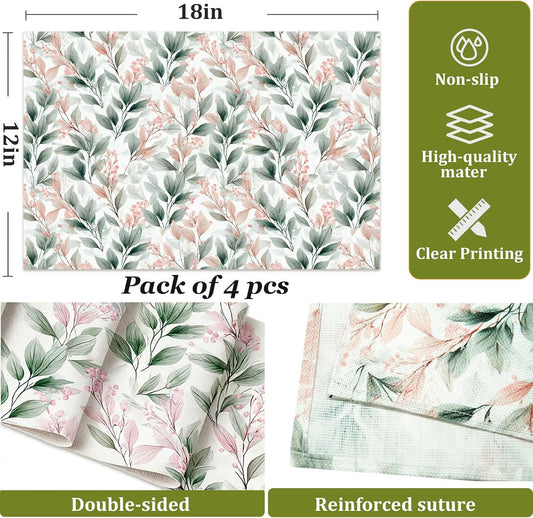 Pink Floral Table Mats Spring Placemats Set of 4, 12x18 Inch Linen Fabric Watercolor Botanical Placemats, Heat-Resistant Washable Cloth for Seasonal Party Kitchen Dining Farmhouse Decor