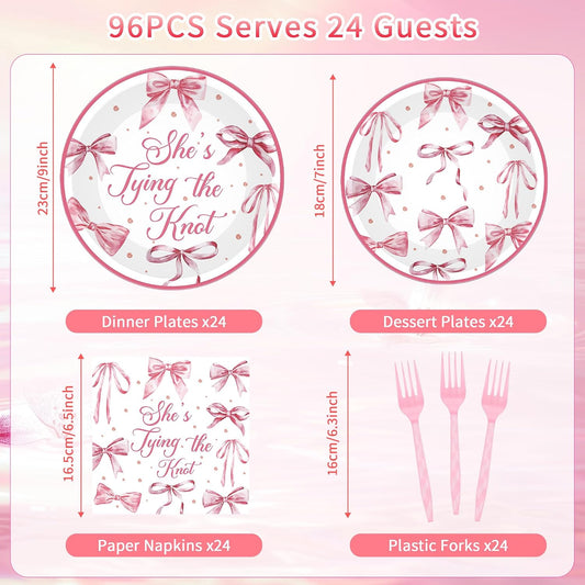 96 Pcs Shes Tying the Knot Bridal Shower Decorations, Pink Bow Themed Tableware Set with Plates Napkins Forks for 24 Guests, Bride to Be Bachelorette Party Supplies