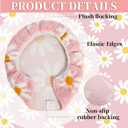 Pink flower bathroom toilet lid, cute daisy toilet lid cover, machine washable, beautiful and soft bathroom decoration suitable for most round, oval and long toilet seats (Pink)
