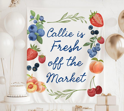 Fresh Off the Market Bridal Shower Banner, Berry Sweet Fruit Theme Backdrop, Personalized Bride to Be Party Decor, Summer Garden Wedding Shower Sign, Peach Cherry Floral Banner, Photo Booth Background