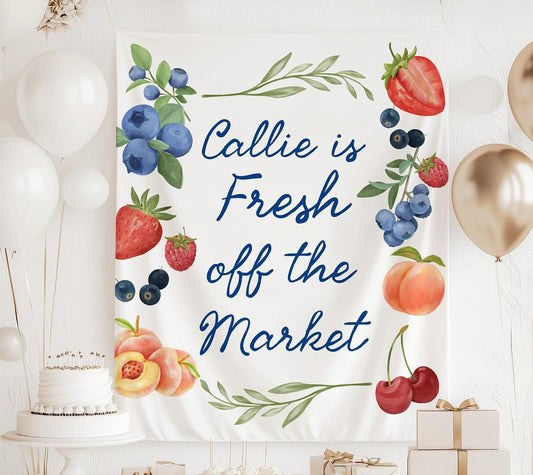 Fresh Off the Market Bridal Shower Banner, Berry Sweet Fruit Theme Backdrop, Personalized Bride to Be Party Decor, Summer Garden Wedding Shower Sign, Peach Cherry Floral Banner, Photo Booth Background