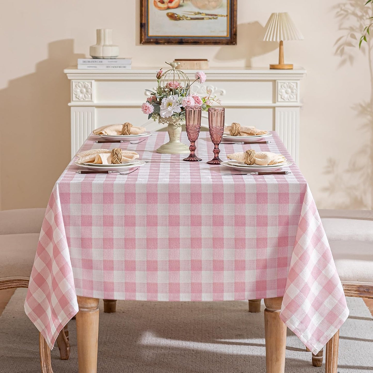 Gingham Tablecloth Rectangle Table, Cotton Linen Fabric Picnic Checkered Table Cloth Farmhouse Washable Wrinkle Free Buffalo Plaid Table Cover for Outdoor Birthday Party, Pink, 60x75