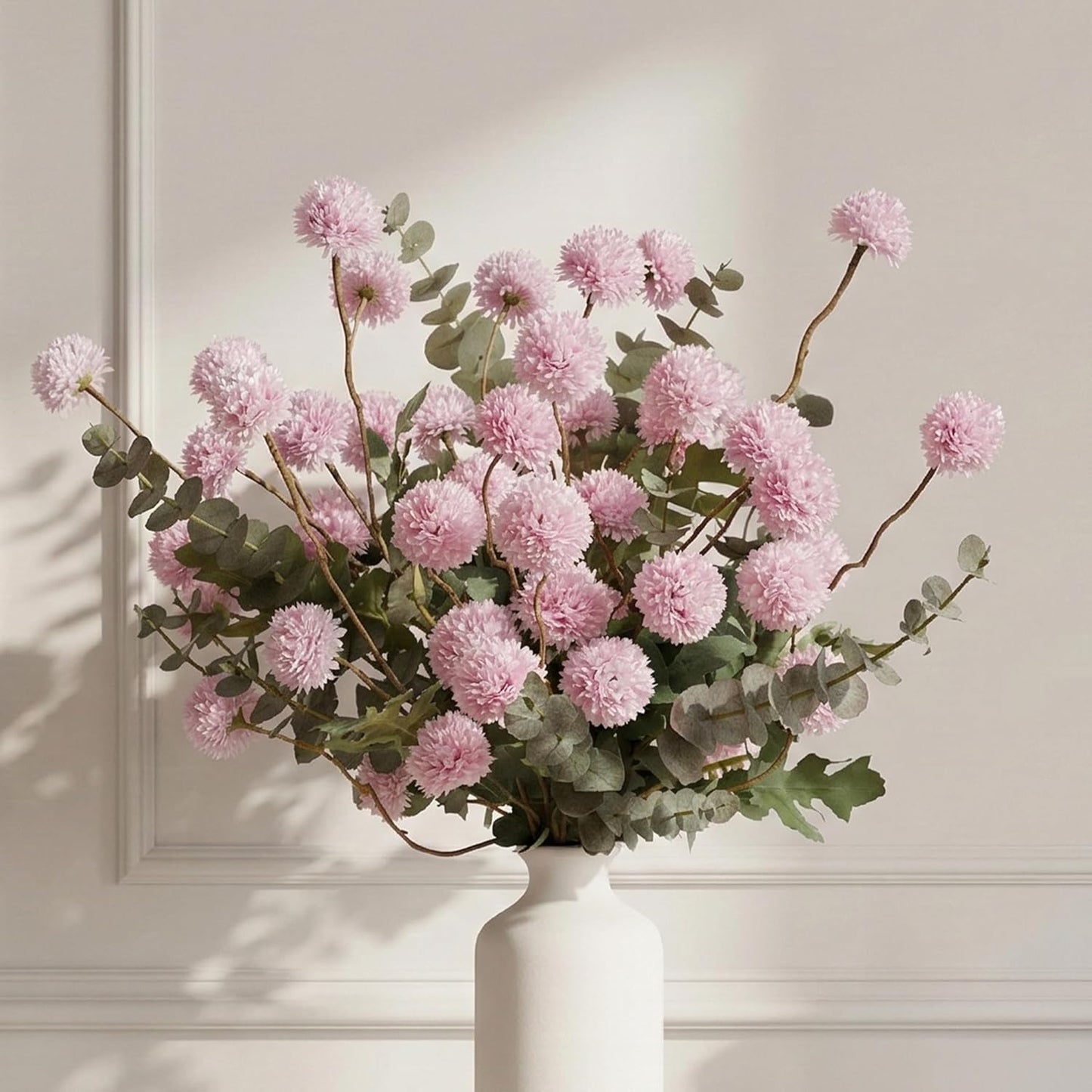 Fake Kiku Flowers for Tall Vase - 10 Silk Artificial Flowers Plus 4 Eucalyptus Branches, Realistic Chrysanthemum Ball with Stems, Spring Faux Floral for Home Decor Table Centerpieces, Pink