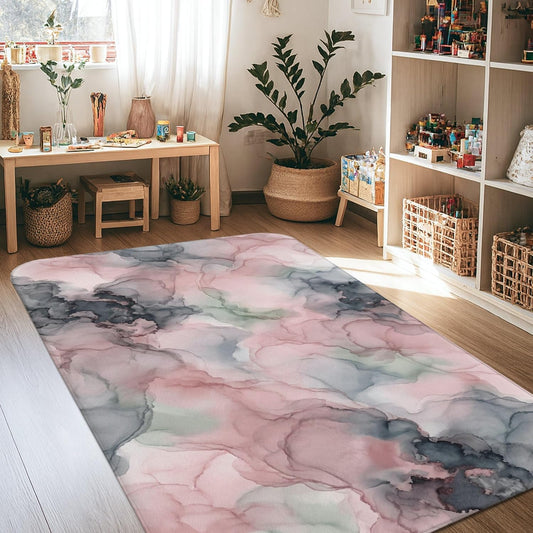 Abstract Area Rug, Modern Minimalistic Watercolor Swirls None Peach Low Pile Sponge Indoor Rectangle Carpet Non Shedding Rugs for Living Room Bedroom College Dorm Kitchen Decor 4' X 6'