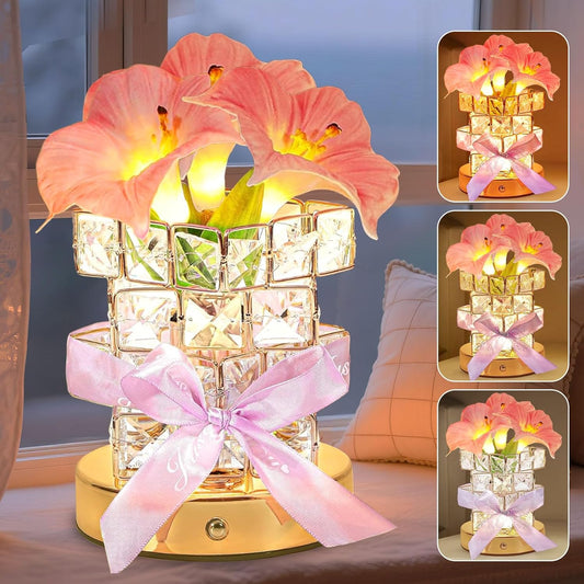 Flower Table Lamps, Rechargeable Cordless Crystal Night Light, 3 Colors Touch Dimming Artificial Flower Light, LED Flowers Bedside Lamp Romantic Gifts for Girl Women Mom (MF Morning Glory-Pink)