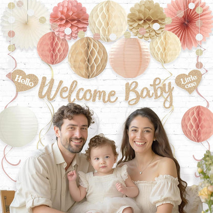 Ivory Blush Pink Baby Shower Decorations for Girl, Pre-Strung, 24pcs | Welcome Baby Banner, Honeycomb Balls, Paper Flowers, Lanterns, Fans, Streamers, Dots Garland for Girl Baby Shower Decorations