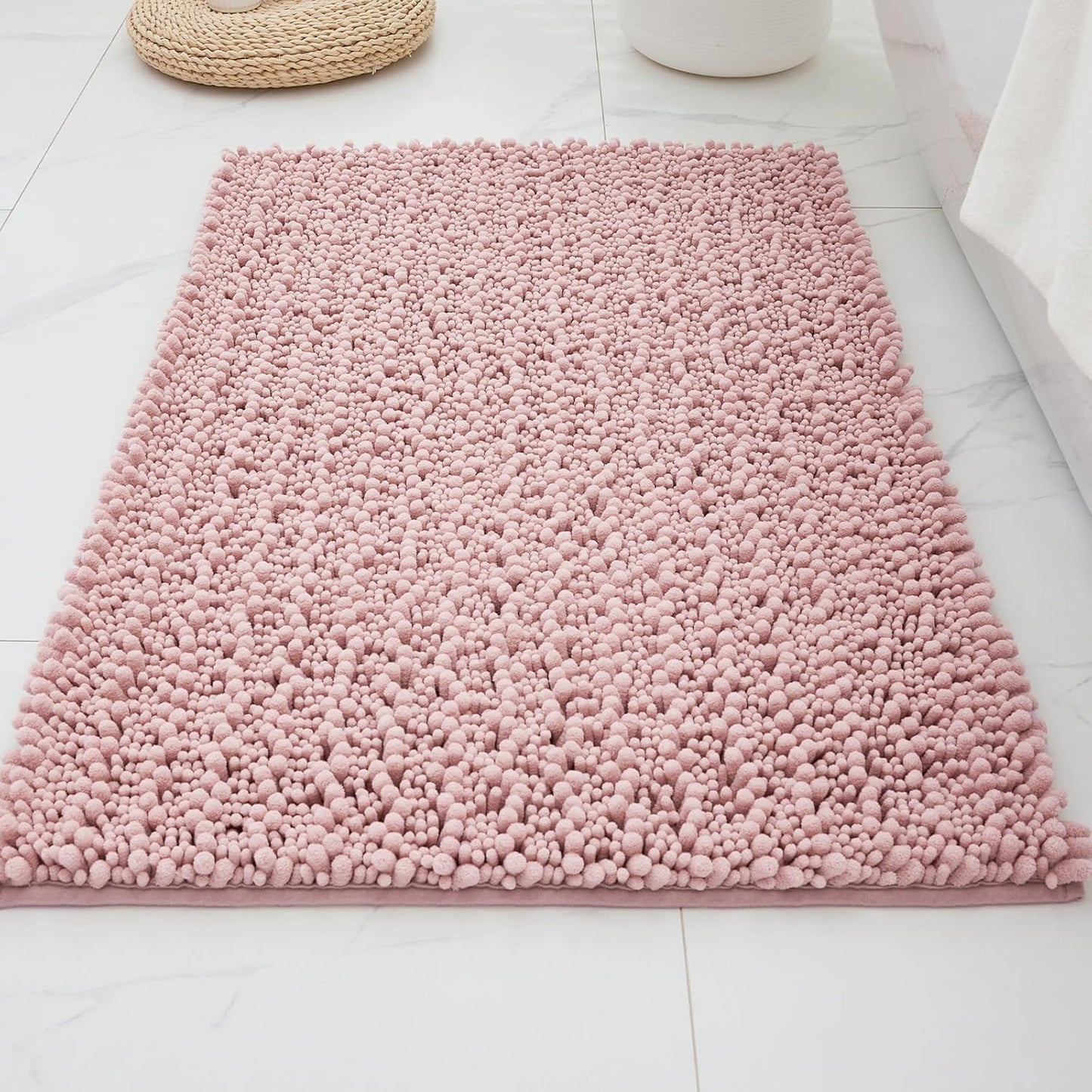 ILANGO Bathroom Rugs Pink 24x17,Extra Soft Absorbent Chenille Bath Rugs,Thick Non-Slip Shaggy Bath Mat,Machine Washable Quick Dry Shaggy Bath Mats for Bathroom Floor, Tub, Shower Accessories