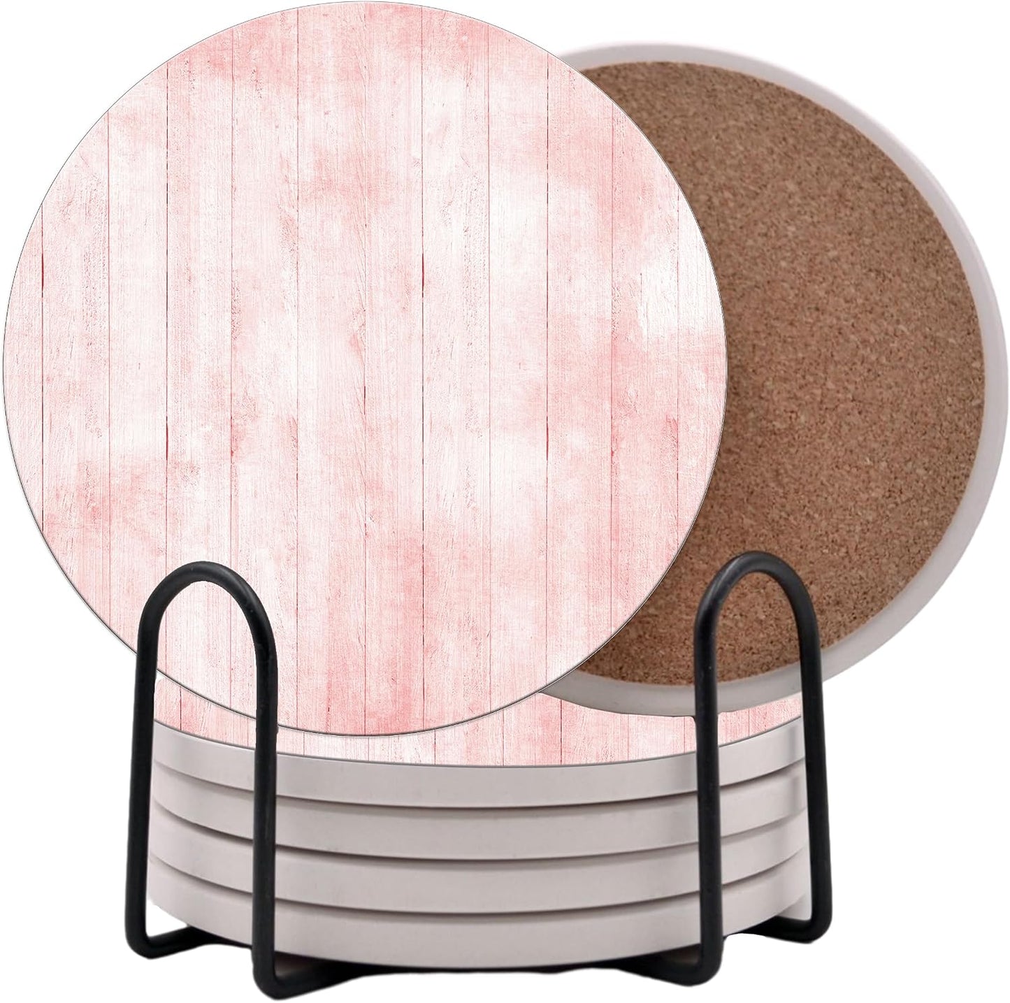 Light Pink Wood Grain Round Coasters Set of 6 - Abosrbent Ceramic Coasters with Metal Stand for Drinks, Coffee, Non-Slip Cork Back for Tabletop Protection, 4 Inches Marbled Pattern (Pink Wood)