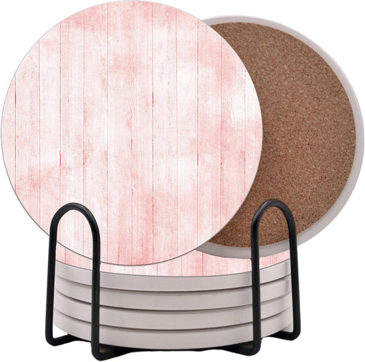 Light Pink Wood Grain Round Coasters Set of 6 - Abosrbent Ceramic Coasters with Metal Stand for Drinks, Coffee, Non-Slip Cork Back for Tabletop Protection, 4 Inches Marbled Pattern (Pink Wood)
