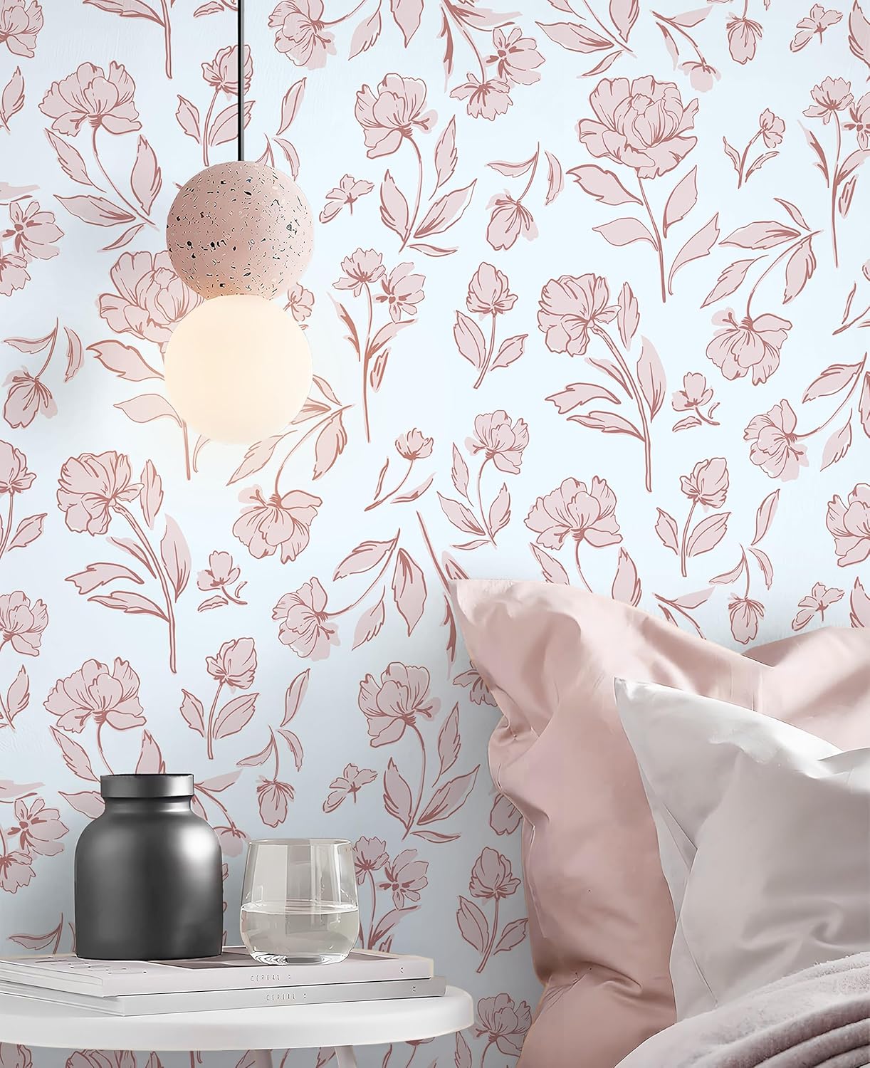HeloHo Floral Peel and Stick Wallpaper Pink and White Wall Paper Modern Boho Removable Self Adhesive Flower Leaf Contact Paper for Cabinets Bedroom Bathroom Waterproof Vinyl Rolls 17.3" X 78.7"