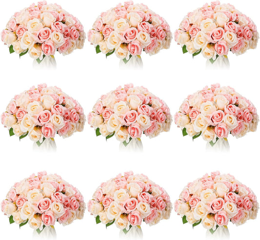 Jexine, 10 Bouquets Artificial Rose Flowers, 120 Pcs, Pink and White, Silk, DIY Bride, Home, Wedding Party Decorations