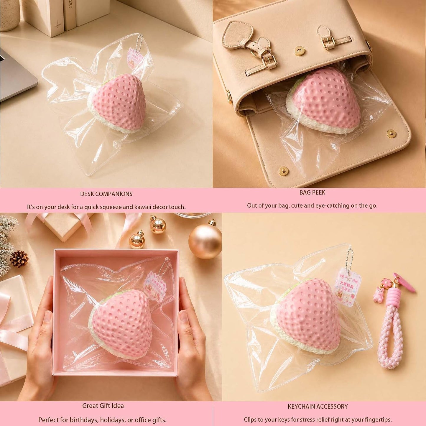 Giant Strawberry Taba Squishy Toy, Slow Rising Stress Relief Squeeze Ball Kawaii Pink and White Fidget Premium Silicone Handmade with Keychain Gift for Adults By Wenqing Strong